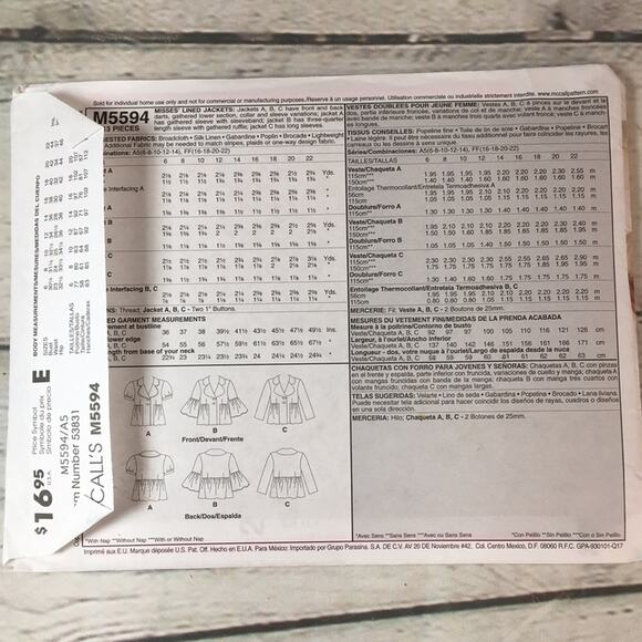 McCall's M5594‎ Misses Lined Blazer Jacket Sewing Pattern Size A5 (6-8-10-12-14) - Picture 6 of 10